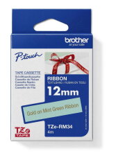 Páska BROTHER TZe-RM34 mentolově zelená/zlatá (12mm, 4m, textilní)