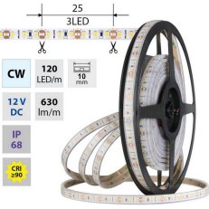 LED pásek SMD2835 CW, 120LED/m, 9,6W/m, DC 12V, 630lm/m, CRI90, IP68, 10mm, 5m