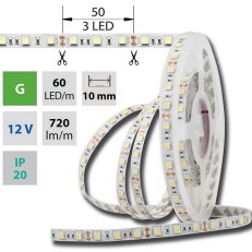 LED pásek SMD5050 zelený, 60LED/m, 14,4W/m, DC 12V, 720lm/m, IP20, 10mm, 5m