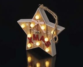 LED vánoční hvězda dřěvená, 2xAAA, teplá bílá, časovač