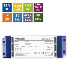 Napájecí zdroj 180W, DC12V/15A, IP20, plastové provedení se svorkovnicí