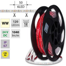 LED pásek SMD2835 WW, 120LED/m, 14W/m, DC 24V, 1040lm/m, CRI90, IP67, 12mm, 50m