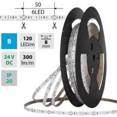 LED pásek SMD2835 modrý, 120LED/m, 9,6W/m, DC 24V, 300lm/m, IP20, 8mm, 50m