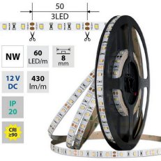 LED pásek SMD2835 NW, 60LED/m, 4,8W/m, DC 12V, 430lm/m, CRI90, IP20, 8mm, 5m
