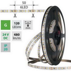 LED pásek SMD2835 zelený, 120LED/m, 9,6W/m, DC 24V, 480lm/m, IP20, 8mm, 5m