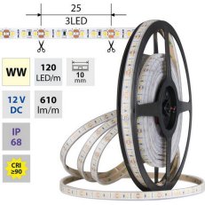 LED pásek SMD2835 WW, 120LED/m, 9,6W/m, DC 12V, 610lm/m, CRI90, IP68, 10mm, 5m