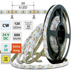 LED pásek SMD2835 CW, 120LED/m, 7W/m, DC 24V, 680lm/m, CRI90, IP20, 10mm, 50m