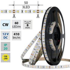 LED pásek SMD2835 CW, 60LED/m, 4,8W/m, DC 12V, 410lm/m, CRI90, IP20, 8mm, 5m