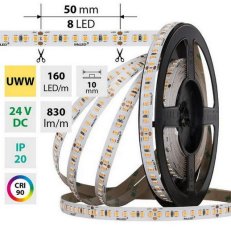 LED pásek SMD2835 UWW, 160LED/m, 9W/m, DC 24V, 830lm/m, CRI90, IP20, 10mm, 50m