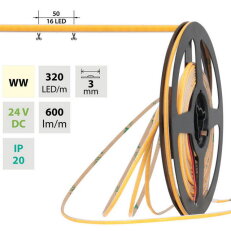 LED pásek COB WW 320LED/m 6W/m DC 24V 600lm/m CRI90 IP20 modul 50mm 3mm 10m