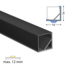 Rohový hliníkový profil černý RI 16x16mm vč. černého difuz. 1m ML-761.612.43.1