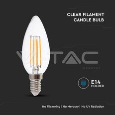 LED Bulb 4W Filament E14 Clear Cover Candle 4000K VT-1986-N, V-TAC SKU214413