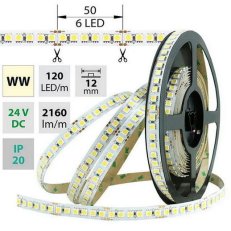 LED pásek SMD5050 WW, 120LED/m, 28,8W/m, 2160lm/m, IP20, DC 24V, 12mm, 50m