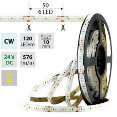 LED pásek SMD2216 CW, 120LED/m, 7,2W/m, 558lm/m, IP54, DC 24V, 10mm, 5m