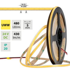 LED pásek COB UWW 480LED/m 6W/m DC 24V 430lm/m CRI90 IP20 modul 8,33mm 5mm 50m