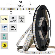 LED pásek SMD2835 WW, 60LED/m, 4,8W/m, DC 12V, 400lm/m, CRI90, IP20, 8mm, 5m