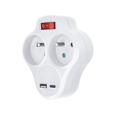 Rozbočka s USB A+C nabíječkou, 2 x 10A, bílá, vypínač SOLIGHT P99USBC