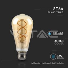 LED Bulb 5W Filament E27 ST64 Amber Dimmable 2200K VT-2065D, V-TAC SKU217416