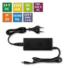 Napájecí adaptér 60W, DC24V/2,5A, IP20, černý plast, s vidlicí