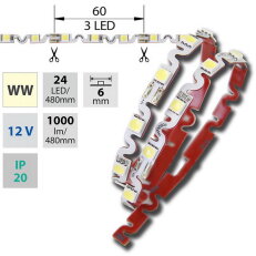 LED pásek SMD5050 WW, ohebný 24LED, IP20, 12V, 6,7 W/m