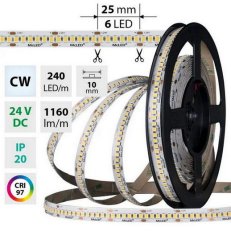 LED pásek SMD2835 CW, 240LED/m, 14,4W/m, DC 24V, 1160lm/m, CRI97, IP20, 10mm, 5m