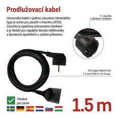 Prodlužovací kabel 1,5 m, 1 zásuvka, černý, PVC, 1,5 mm2 EMOS PC0121R