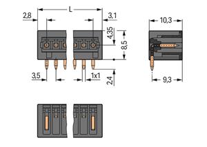 Konektor s pájecími piny THR, pájecí kontakt 1,0x1,0 mm, úhlové, černá 2pól.