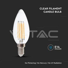 LED Bulb 4W Filament E14 Clear Cover Candle 3000K VT-1986-N, V-TAC SKU214301