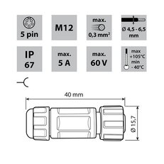 Zásuvka s převlečnou maticí M12, 5pinů, IP67, pájecí MCLED ML-112.209.67.0