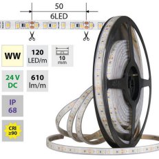 LED pásek SMD2835 WW, 120LED/m, 9,6W/m, DC 24V, 610lm/m, CRI90, IP68, 10mm, 5m