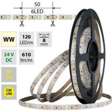LED pásek SMD2835 WW, 120LED/m, 9,6W/m, DC 24V, 610lm/m, CRI90, IP54, 8mm, 5m