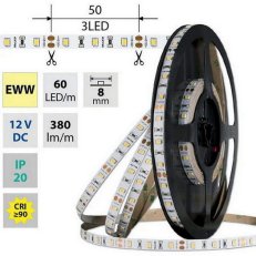 LED pásek SMD2835 EWW, 60LED/m, 4,8W/m, DC 12V, 380lm/m, CRI90, IP20, 8mm, 50m