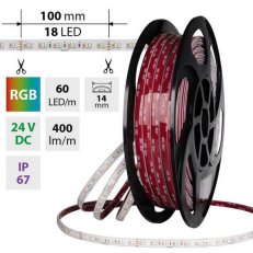 LED pásek SMD2835 RGB 180LED/m 9,6W/m DC 24V 400lm/m CRI90 IP67 100°C 14mm 50m