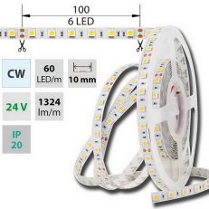 LED pásek SMD5050 CW, 60LED/m, 14,4W/m, DC 24V, 1515lm/m, IP20, 10mm, 5m