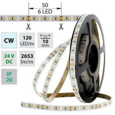 LED pásek SMD2835 CW, 120LED/m, 28,8W/m, 2653lm/m, IP20, DC 24V, 10mm, 50m