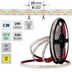 LED pásek SMD2835 CW, 240LED/m, 6W/m, DC 24V, 520lm/m, CRI90, IP67, 10mm, 50m