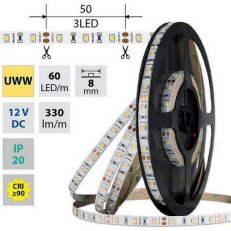LED pásek SMD2835 UWW, 60LED/m, 4,8W/m, DC 12V, 330lm/m, CRI90, IP20, 8mm, 5m