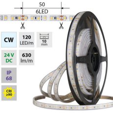 LED pásek SMD2835 CW, 120LED/m, 9,6W/m, DC 24V, 630lm/m, CRI90, IP68, 10mm, 5m