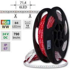 LED pásek SMD5050 RGB + WW, 84LED/m, 15W/m, DC24V, 790lm/m, IP67, 14mm, 50m
