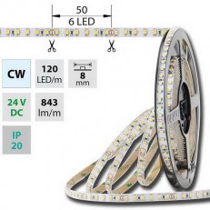 LED pásek SMD3528 studeně bílý, 120LED/m, IP20, DC 24V, 8mm, 50m