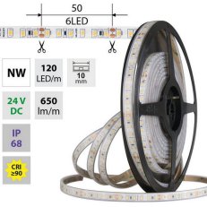 LED pásek SMD2835 NW, 120LED/m, 9,6W/m, DC 24V, 650lm/m, CRI90, IP68, 10mm, 5m