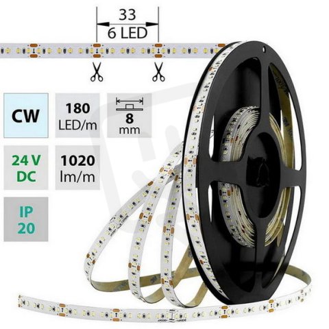 LED pásek SMD2216 CW, 180LED/m, 12W/m, 1020lm/m, IP20, DC 24V, 8mm, 5m