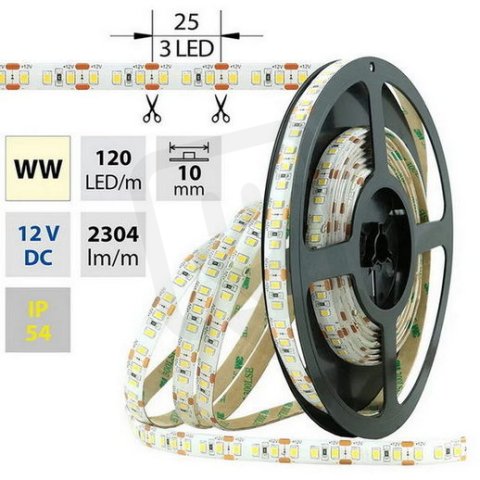 LED pásek SMD2835 WW, 120LED/m, 28,8W/m, 2304lm/m, IP54, DC 12V, 10mm, 5m