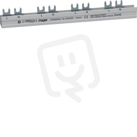 Hřebenová přípojnice 2P pro ARF 63A, 10mm2/12mod. (L+N+mezera) HAGER KDN263AZ