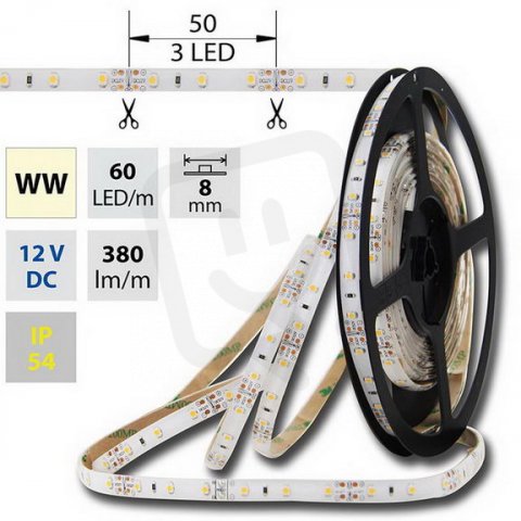 LED pásek SMD3528 WW, 60LED, IP54, 5m, 12V, 4,8 W/m