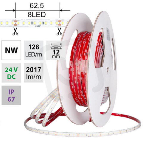 LED pásek SMD2835 NW, 128LED/m, 11,5W/m, DC24V, 2017lm/m, CRI90, IP67, 12mm, 5m