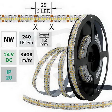 LED pásek SMD2835 NW, 240LED/m, 38,4W/m, 3408lm/m, IP20, DC 24V, 12mm, 50m