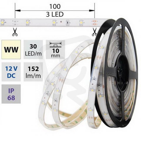 LED pásek SMD3528 WW, 30LED, IP68, 5m, 12V, 2,4 W/m