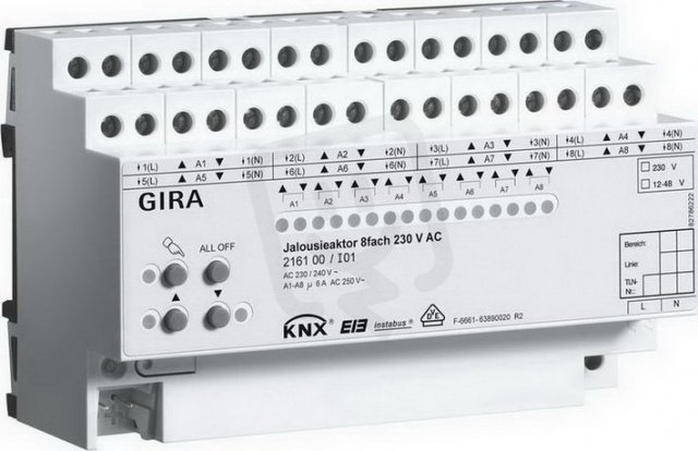 Akční člen žaluzie 8x 230V stř. KNX p.na l. DIN GIRA 216100