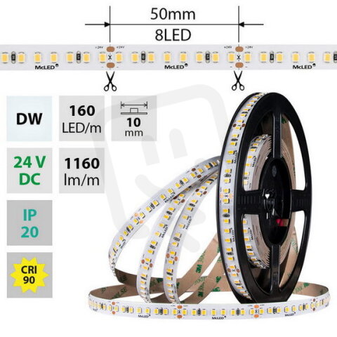 LED pásek SMD2835 DW, 160LED/m, 9W/m, DC 24V, 1160lm/m, CRI90, IP20, 10mm, 5m